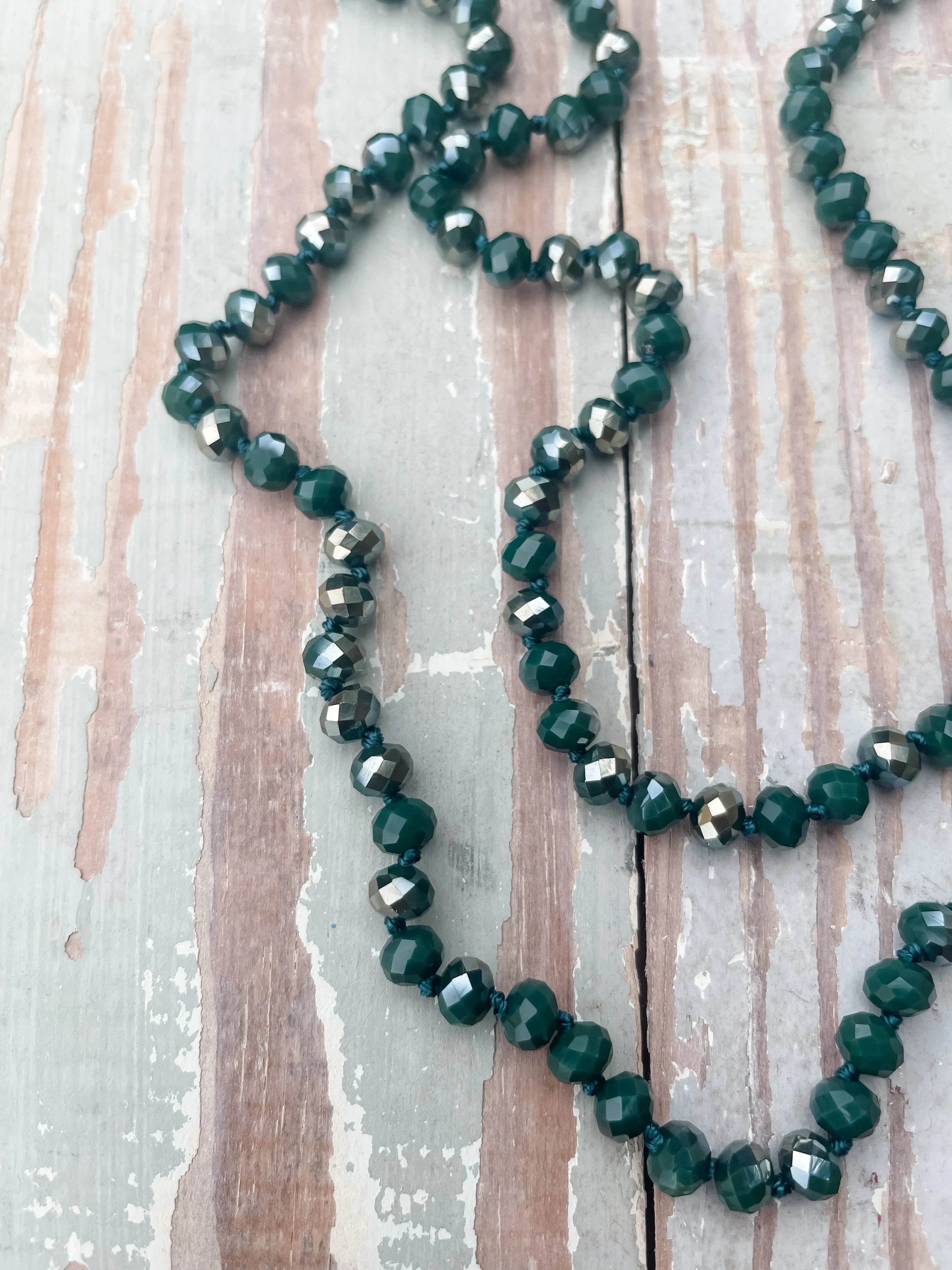 60" Bead Necklace || Dark Green and Silver Mix