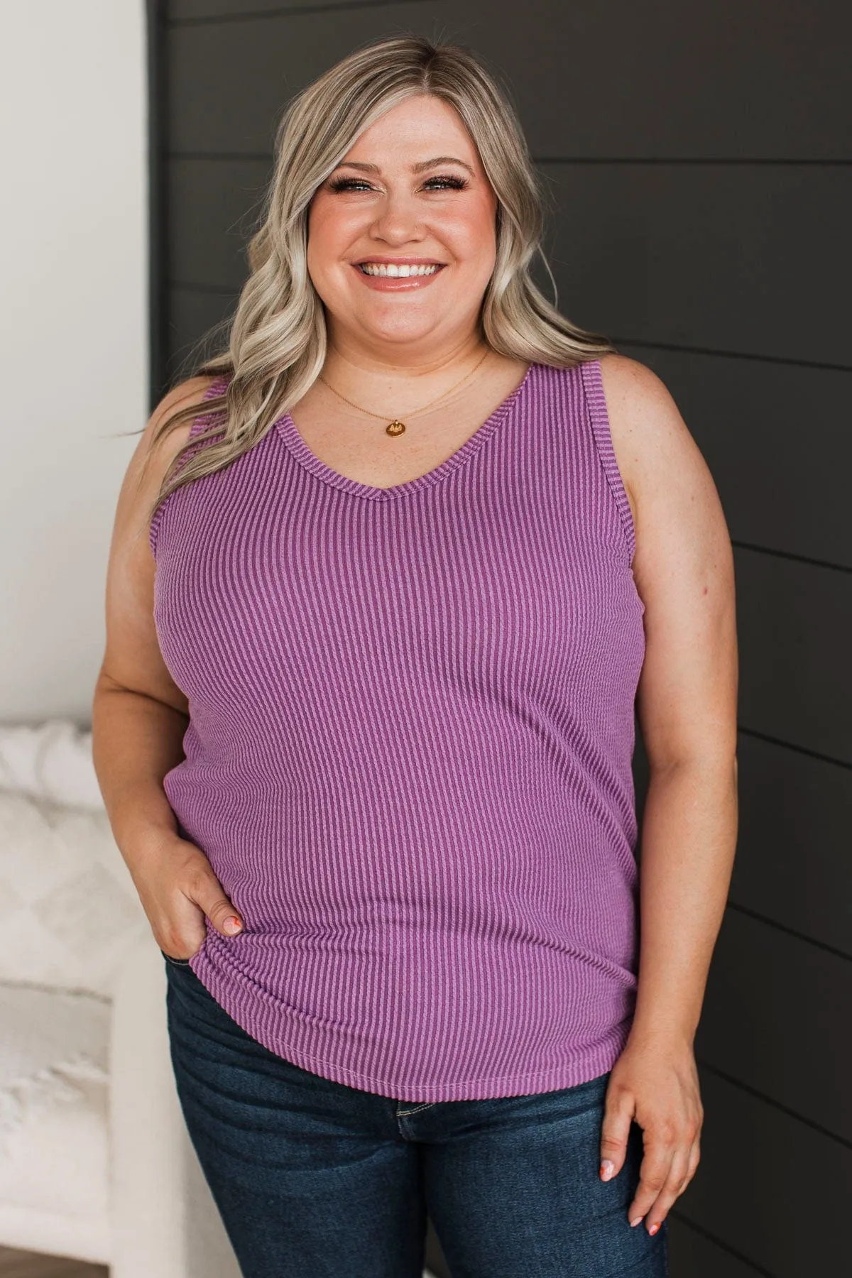 Always Adorable Ribbed Tank Top- Light Plum