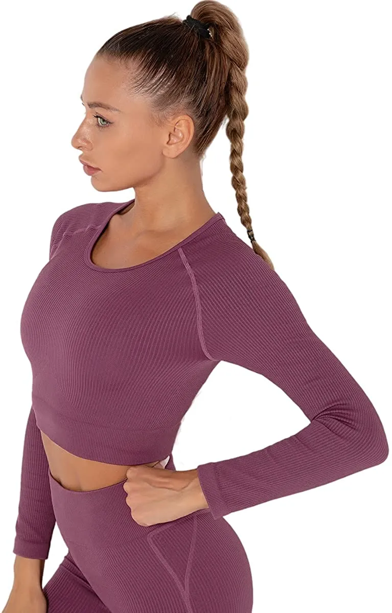 Anlun Autumn Ladies Long Sleeve Workout Outfits for Women Thick Crop Top Yoga Clothes Ribbed Seamless Fitness Suit Tracksuit