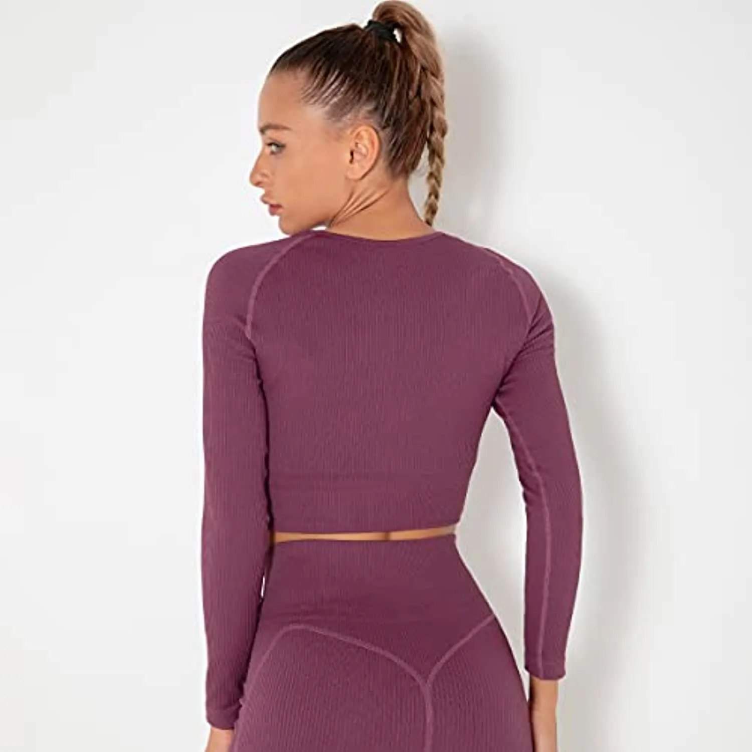Anlun Autumn Ladies Long Sleeve Workout Outfits for Women Thick Crop Top Yoga Clothes Ribbed Seamless Fitness Suit Tracksuit