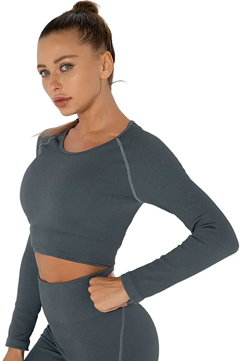 Anlun Autumn Ladies Long Sleeve Workout Outfits for Women Thick Crop Top Yoga Clothes Ribbed Seamless Fitness Suit Tracksuit