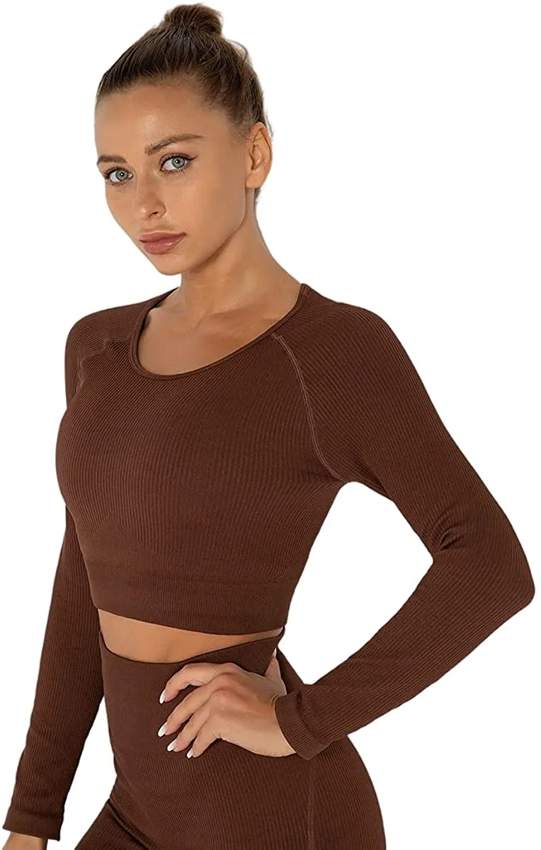 Anlun Autumn Ladies Long Sleeve Workout Outfits for Women Thick Crop Top Yoga Clothes Ribbed Seamless Fitness Suit Tracksuit