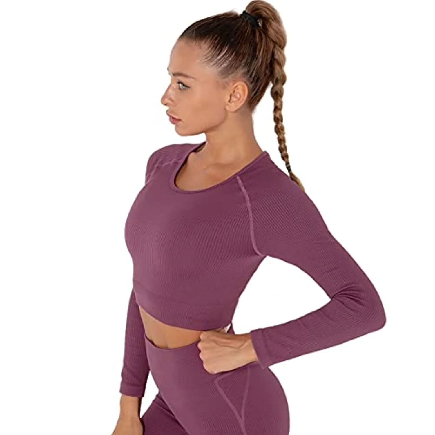 Anlun Autumn Ladies Long Sleeve Workout Outfits for Women Thick Crop Top Yoga Clothes Ribbed Seamless Fitness Suit Tracksuit