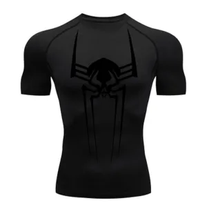 ANYMENS Fitness Tshirt Black Color With Big Spider Black Print Gym Workout Compression Short Sleeve Quick Dry Athletic Tops Sportswear For men