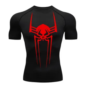 ANYMENS Fitness Tshirt Black Color With Big Spider Red Print Gym Workout Compression Short Sleeve Quick Dry Athletic Tops Sportswear For men