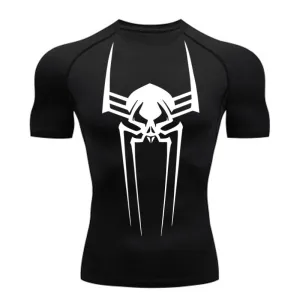 ANYMENS Fitness Tshirt Black Color With Big Spider white Print Gym Workout Compression Short Sleeve Quick Dry Athletic Tops Sportswear For men