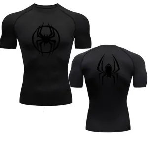 ANYMENS Fitness Tshirt Black Color With Front Back Black Spider Print Gym Workout Compression Short Sleeve Quick Dry Athletic Tops Sportswear For men