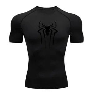 ANYMENS Fitness Tshirt Black Color With Small Spider Black Print Gym Workout Compression Short Sleeve Quick Dry Athletic Tops Sportswear For men