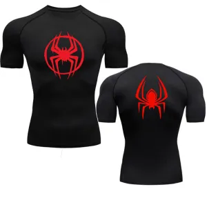 ANYMENS Fitness Tshirt Black With Front Back Red Spider Print Gym Workout Compression Short Sleeve Quick Dry Athletic Tops Sportswear For men