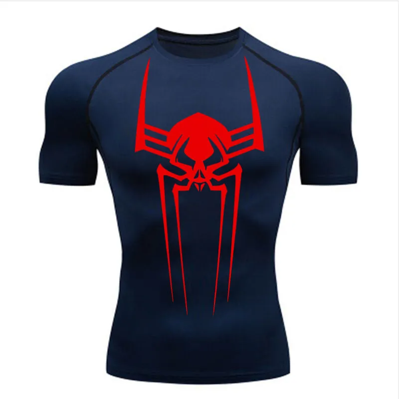 ANYMENS Fitness Tshirt Dark Blue With Big Spider Red Print Gym Workout Compression Short Sleeve Quick Dry Athletic Tops Sportswear For men