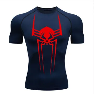 ANYMENS Fitness Tshirt Dark Blue With Big Spider Red Print Gym Workout Compression Short Sleeve Quick Dry Athletic Tops Sportswear For men