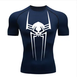 ANYMENS Fitness Tshirt Dark Blue With Big Spider White Print Gym Workout Compression Short Sleeve Quick Dry Athletic Tops Sportswear For men