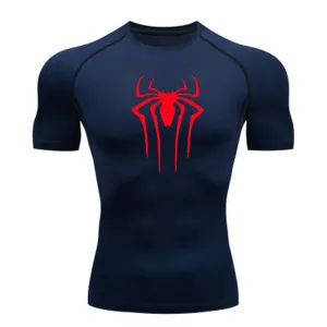 ANYMENS Fitness Tshirt Dark Blue With Small Spider Red Print Gym Workout Compression Short Sleeve Quick Dry Athletic Tops Sportswear For men