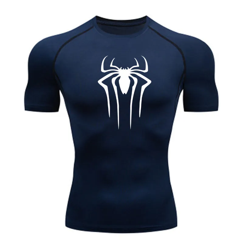 ANYMENS Fitness Tshirt Dark Blue With Small Spider White Print Gym Workout Compression Short Sleeve Quick Dry Athletic Tops Sportswear For men