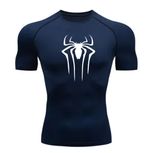 ANYMENS Fitness Tshirt Dark Blue With Small Spider White Print Gym Workout Compression Short Sleeve Quick Dry Athletic Tops Sportswear For men