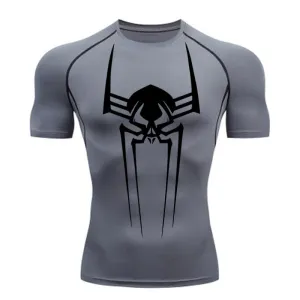 ANYMENS Fitness Tshirt Gray Color With Big Spider Black Print Gym Workout Compression Short Sleeve Quick Dry Athletic Tops Sportswear For men