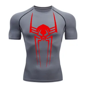 ANYMENS Fitness Tshirt Gray Color With Big Spider Red Print Gym Workout Compression Short Sleeve Quick Dry Athletic Tops Sportswear For men