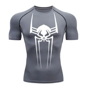 ANYMENS Fitness Tshirt Gray Color With Big Spider White  Print Gym Workout Compression Short Sleeve Quick Dry Athletic Tops Sportswear For men