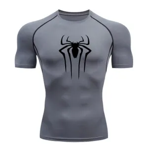 ANYMENS Fitness Tshirt Gray Color With Small Spider Black Print Gym Workout Compression Short Sleeve Quick Dry Athletic Tops Sportswear For men