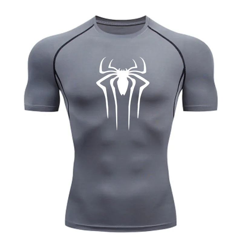 ANYMENS Fitness Tshirt Gray With Small Spider White Print Gym Workout Compression Short Sleeve Quick Dry Athletic Tops Sportswear For men
