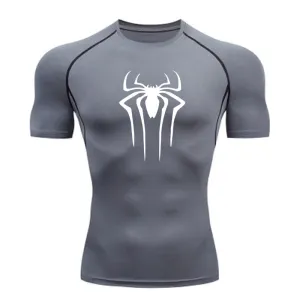 ANYMENS Fitness Tshirt Gray With Small Spider White Print Gym Workout Compression Short Sleeve Quick Dry Athletic Tops Sportswear For men