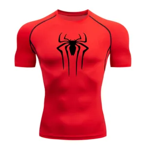 ANYMENS Fitness Tshirt Red With Black Spider Print Gym Workout Compression Short Sleeve Quick Dry Athletic Tops Sportswear For men