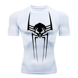 ANYMENS Fitness Tshirt White Color With Big Spider Black Print Gym Workout Compression Short Sleeve Quick Dry Athletic Tops Sportswear For men