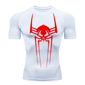 ANYMENS Fitness Tshirt White Color With Big Spider Red Print Gym Workout Compression Short Sleeve Quick Dry Athletic Tops Sportswear For men