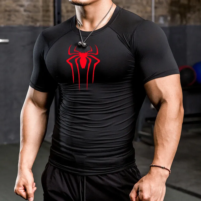 ANYMENS Fitness Tshirt White With Front Back Black Print Gym Workout Compression Short Sleeve Quick Dry Athletic Tops Sportswear For men