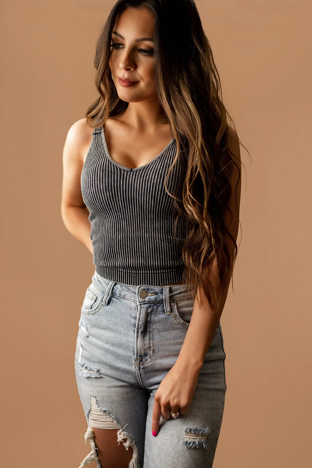 Aria Washed Ribbed Padded Tank (Mocha) | FINAL SALE
