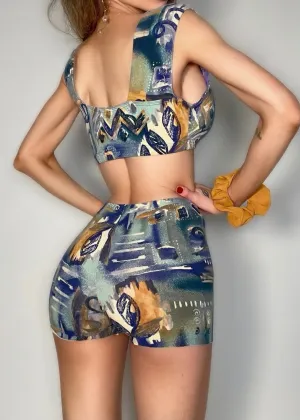 Athletic Abstract High-Waisted Booty Shorts Compression Flattering | USA-Made Vintage