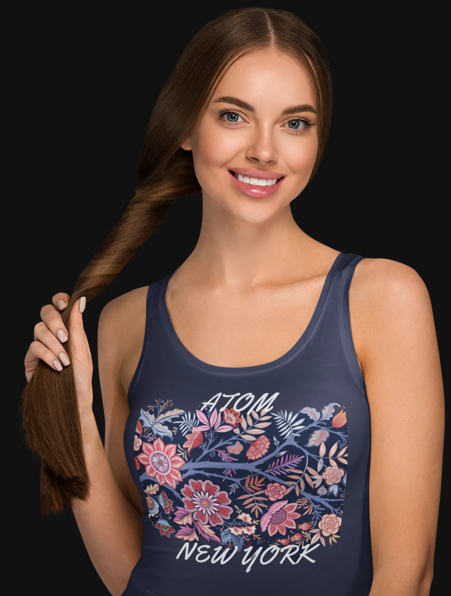 ATOM New York Flower Bouquet Navy Blue Tank Top For Women