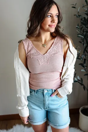 Ayla Lace Trim Ribbed Tank Top - Pink