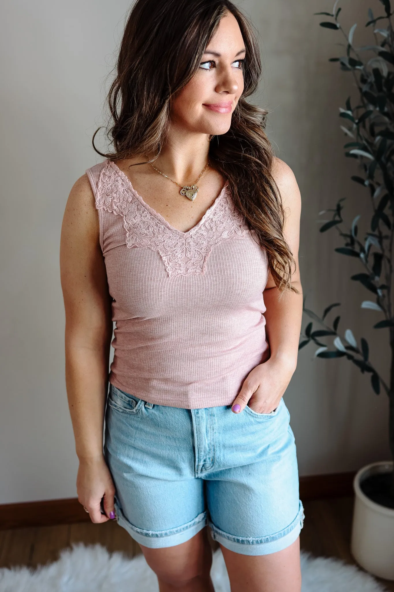Ayla Lace Trim Ribbed Tank Top - Pink