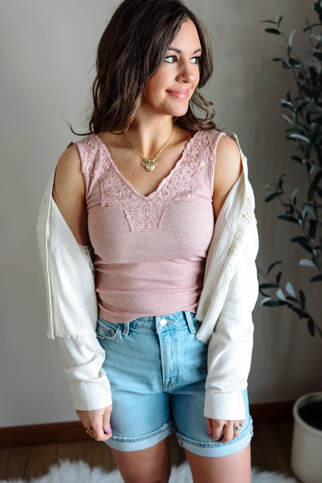 Ayla Lace Trim Ribbed Tank Top - Pink