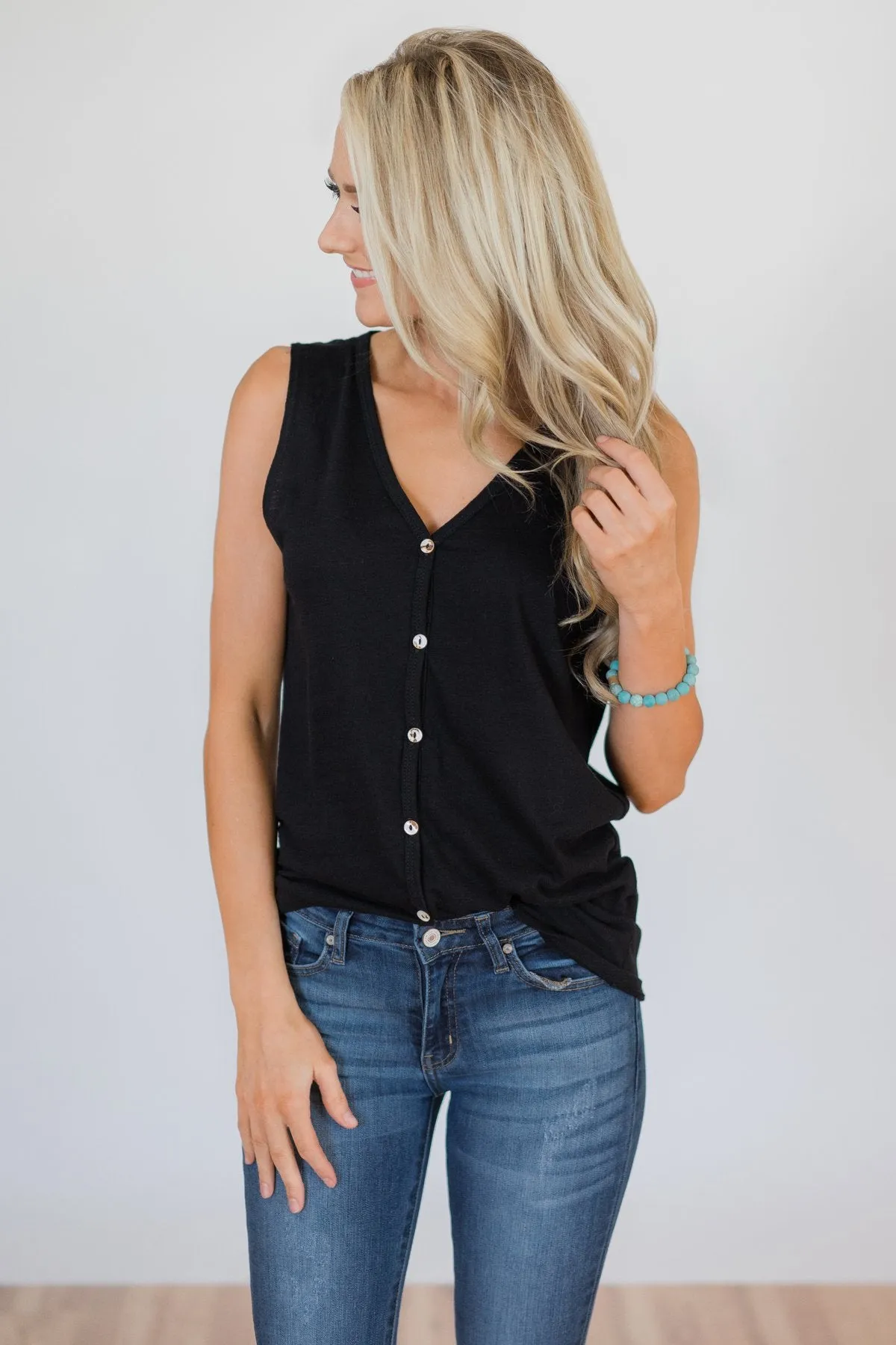 Basic Button Tank Top- Black