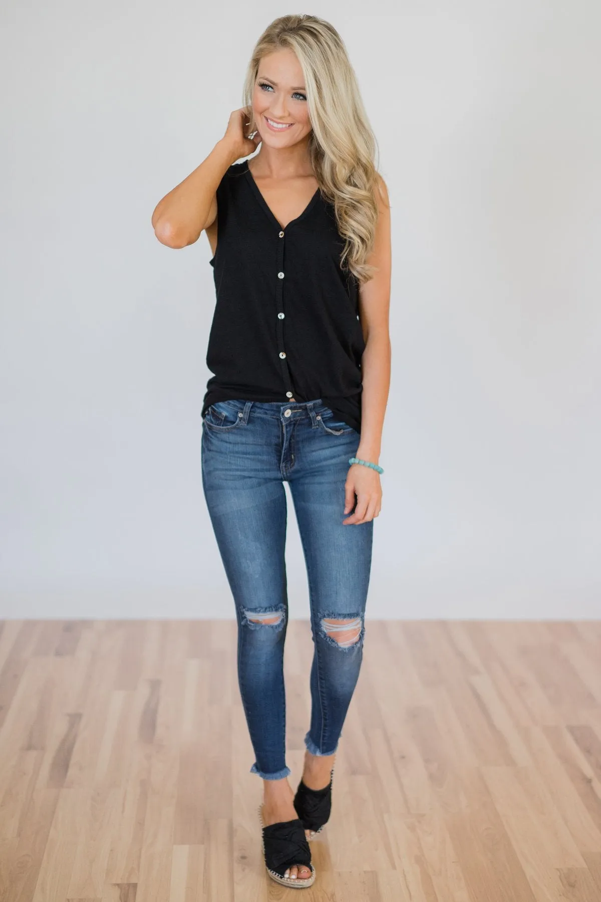 Basic Button Tank Top- Black