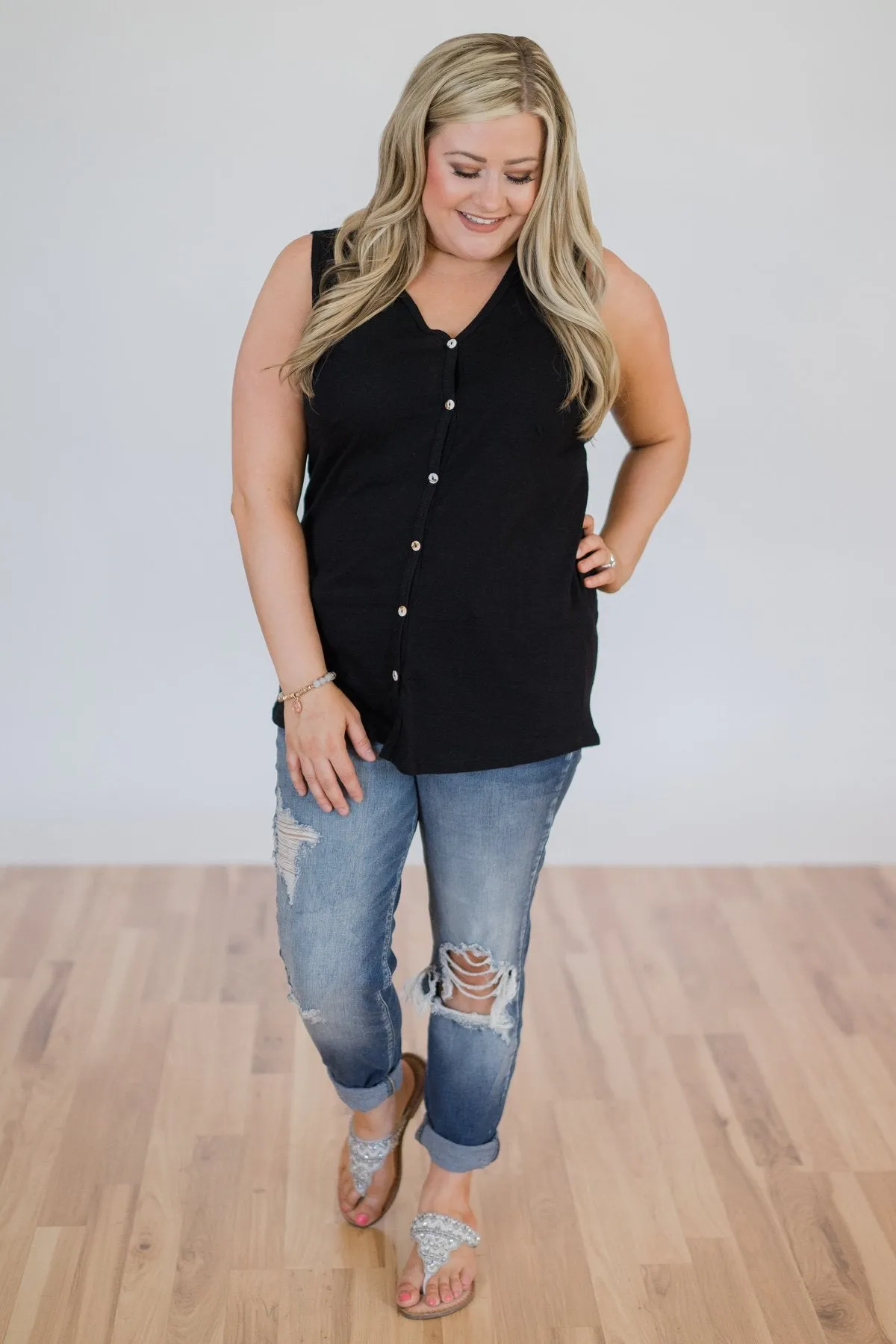 Basic Button Tank Top- Black