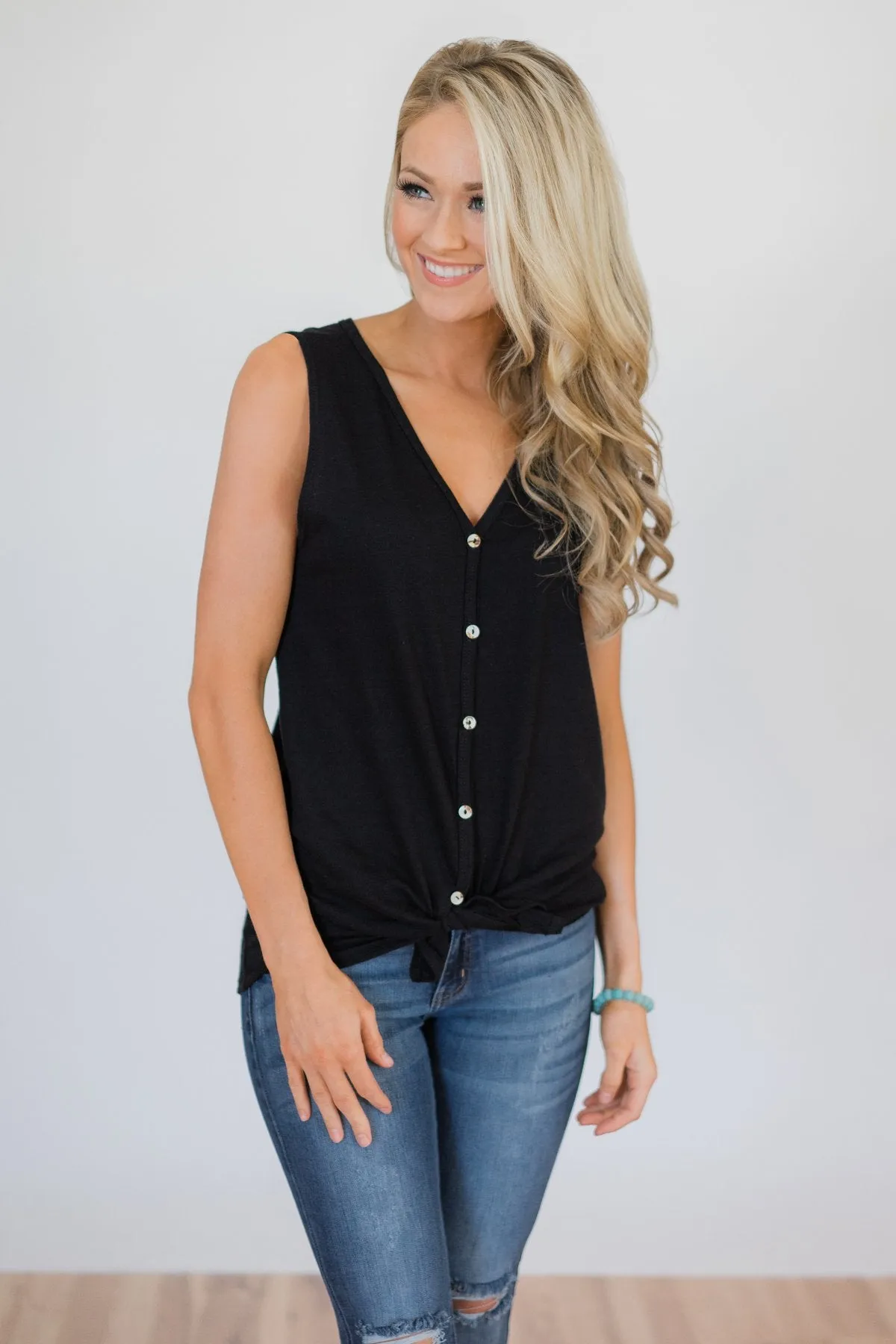 Basic Button Tank Top- Black