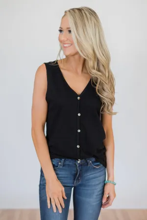 Basic Button Tank Top- Black