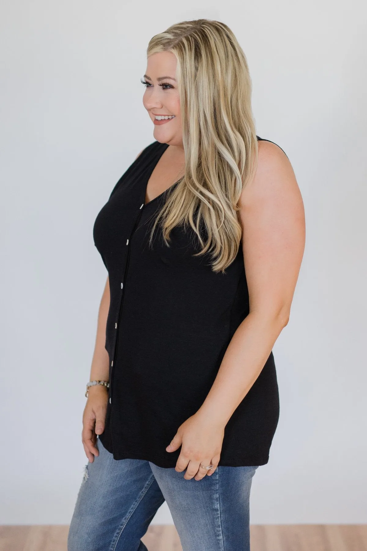 Basic Button Tank Top- Black