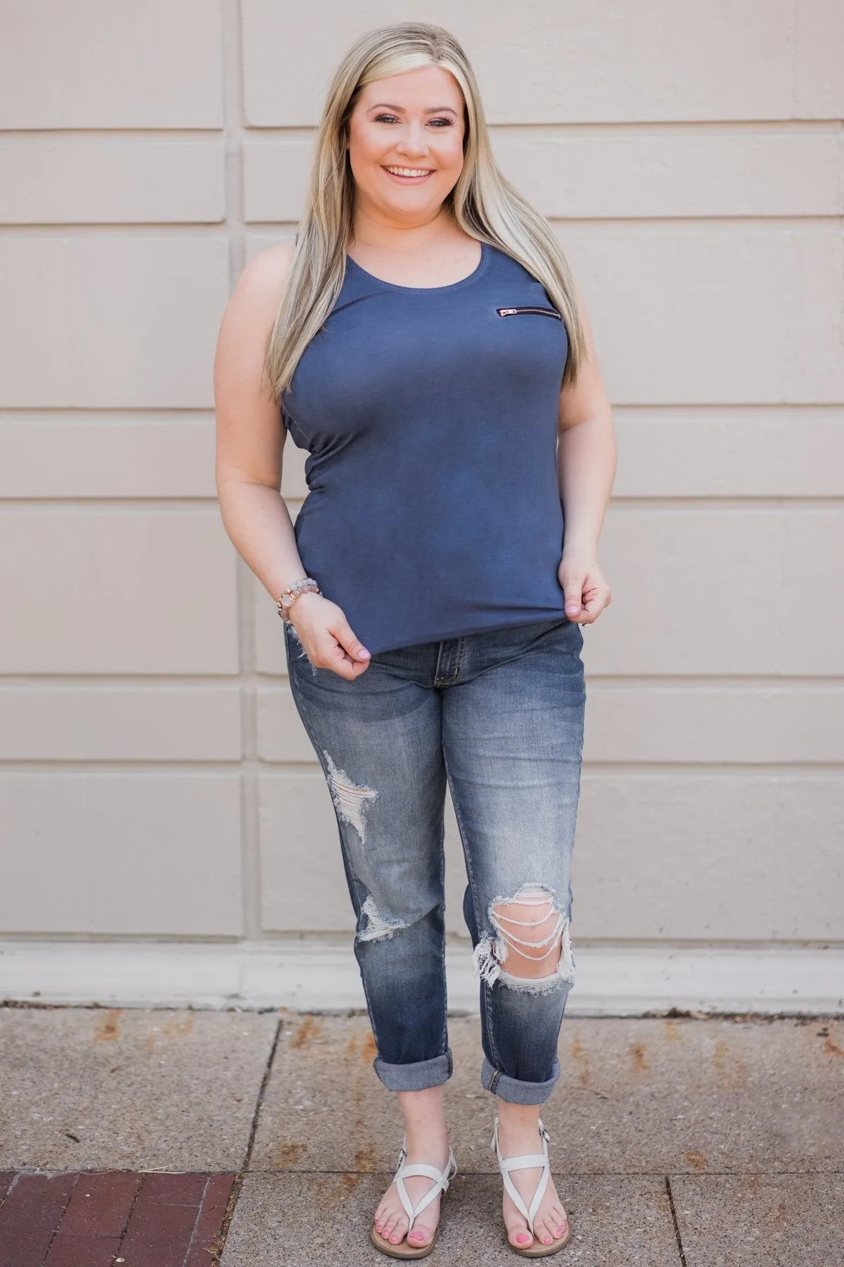 Basic Zipper Pocket Tank ~ Indigo