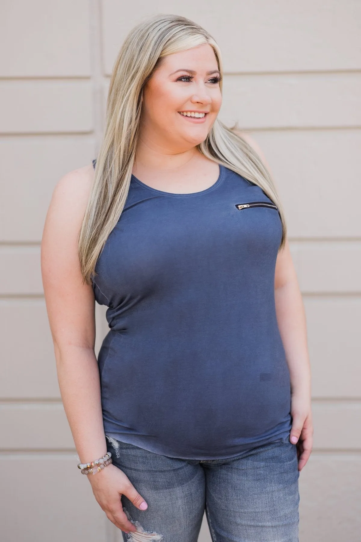 Basic Zipper Pocket Tank ~ Indigo