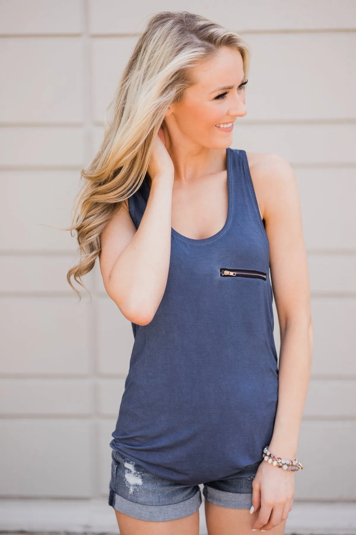 Basic Zipper Pocket Tank ~ Indigo
