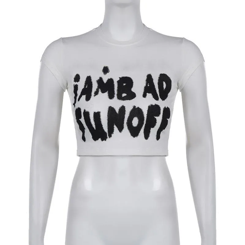 BerryBetty - Cap sleeve crewneck "iAM BAD FUN OFF" pattern crop top