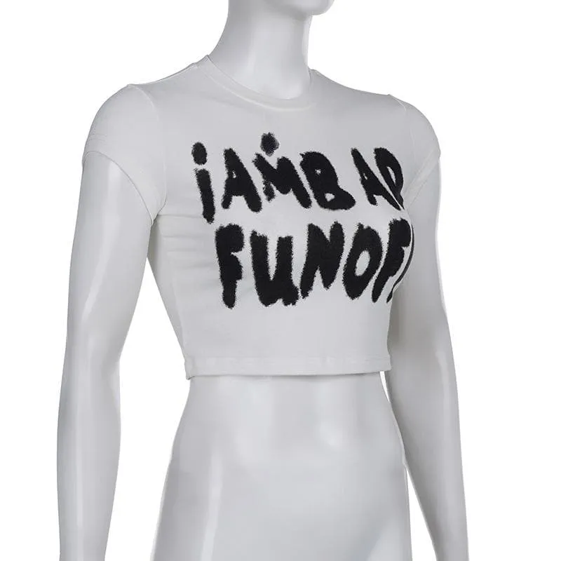 BerryBetty - Cap sleeve crewneck "iAM BAD FUN OFF" pattern crop top