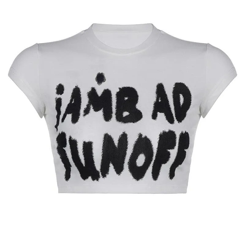 BerryBetty - Cap sleeve crewneck "iAM BAD FUN OFF" pattern crop top
