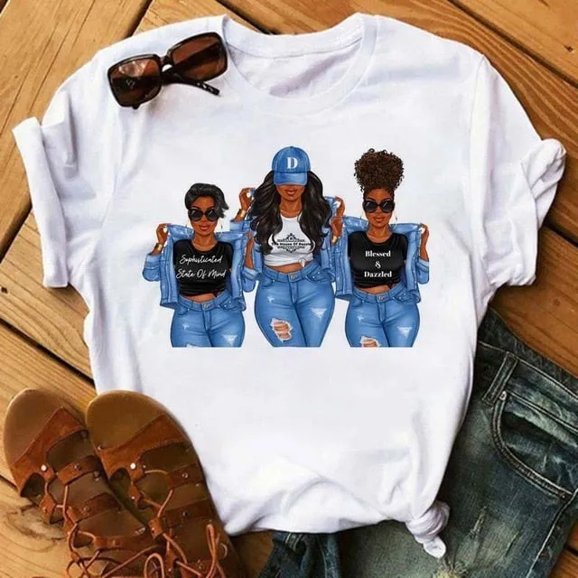 Black African Girls T-shirt Women Cartoon Graphic Print