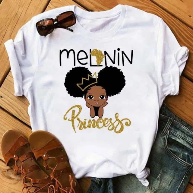 Black African Girls T-shirt Women Cartoon Graphic Print
