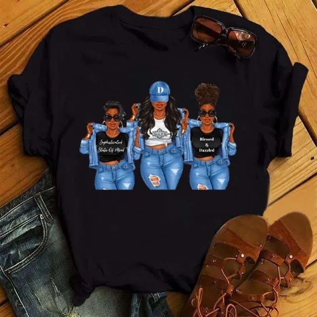 Black African Girls T-shirt Women Cartoon Graphic Print
